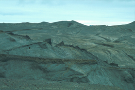 Sharp ridge with dark angular pieces of rock is basaltic dike.